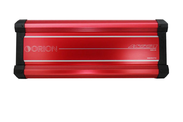 Orion 2-channel Class-H amplifier front, red metal body with black side rails