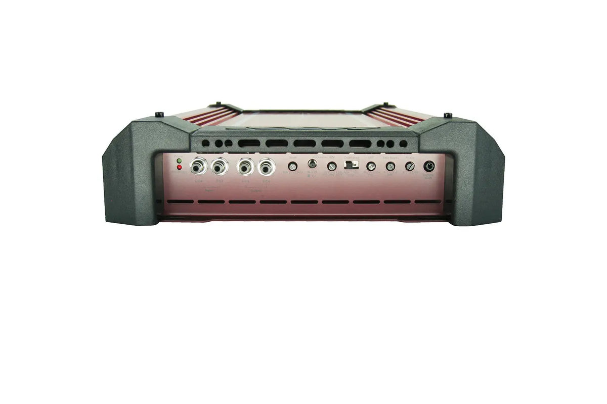 Orion 2-channel Class-H amplifier front controls, knobs and input/output ports