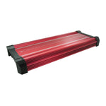 Red Orion Class-H car amplifier with black end caps, angled view