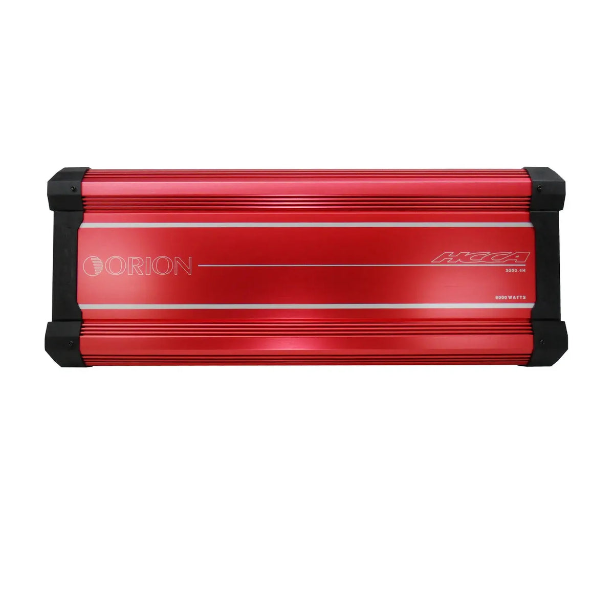 Red Orion Class-H car amplifier with finned heatsink, front view