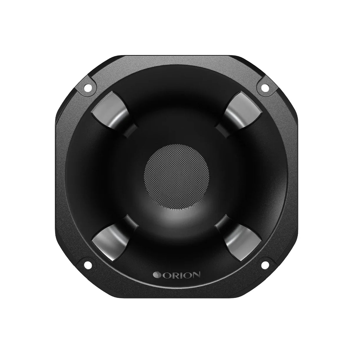 Black speaker driver horn with textured center grille and ORION logo on rim
