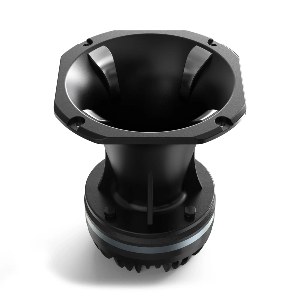 Black horn speaker driver front view with ribbed rim and central throat