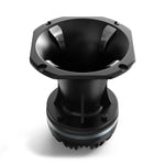 Black horn speaker driver front view with ribbed rim and central throat