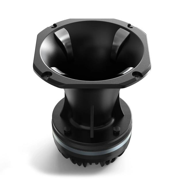Black horn speaker driver front view with ribbed rim and central throat