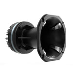 Black horn speaker driver with aluminum mounting flange and screw holes