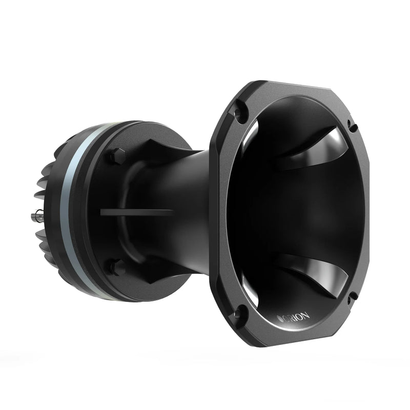 Black horn speaker driver with aluminum mounting flange and screw holes