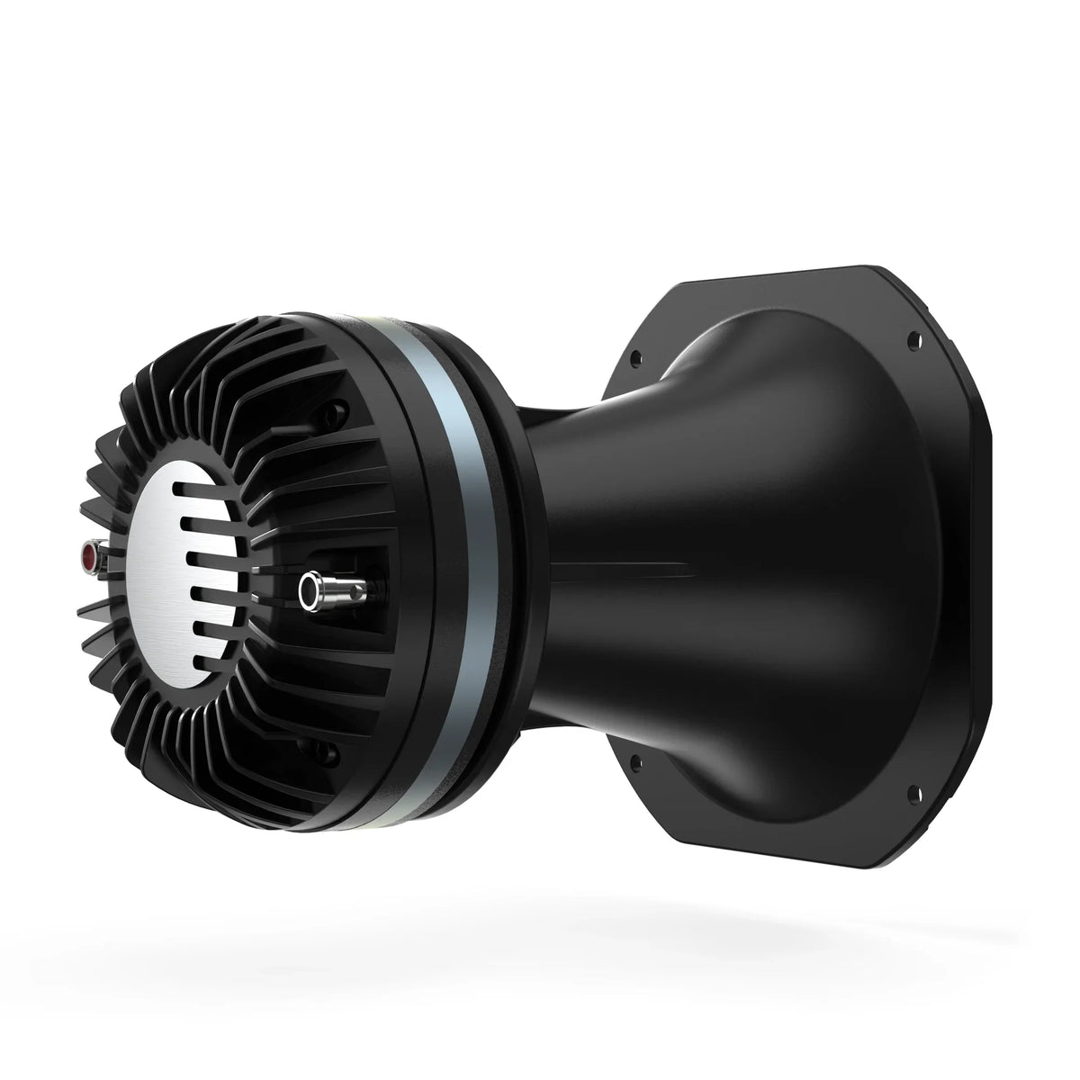 Black aluminum horn speaker driver with side heatsink fins and mounting screws