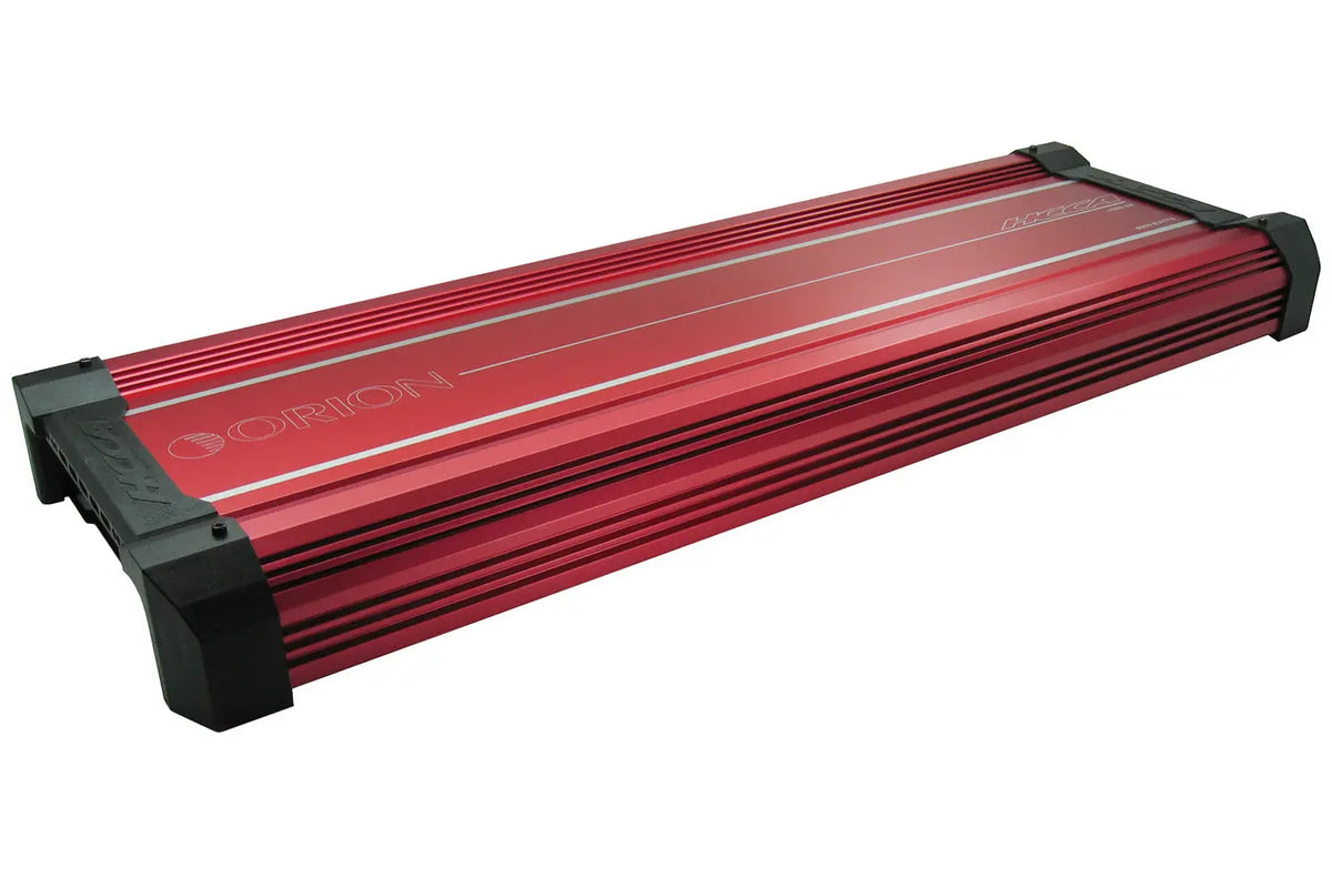 Orion 2-channel Class-H car amplifier, red and black aluminum case