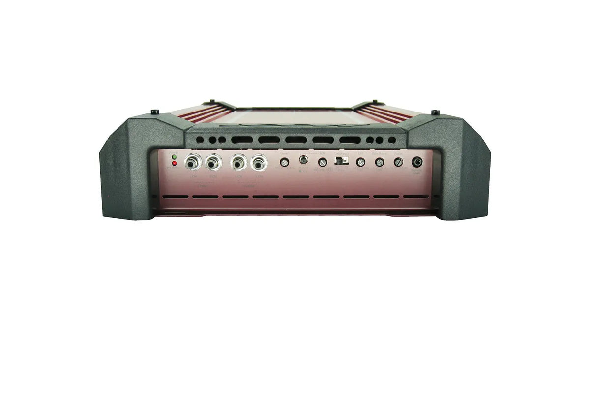 Orion 2-channel Class-H car amplifier, rear control panel with ports and knobs