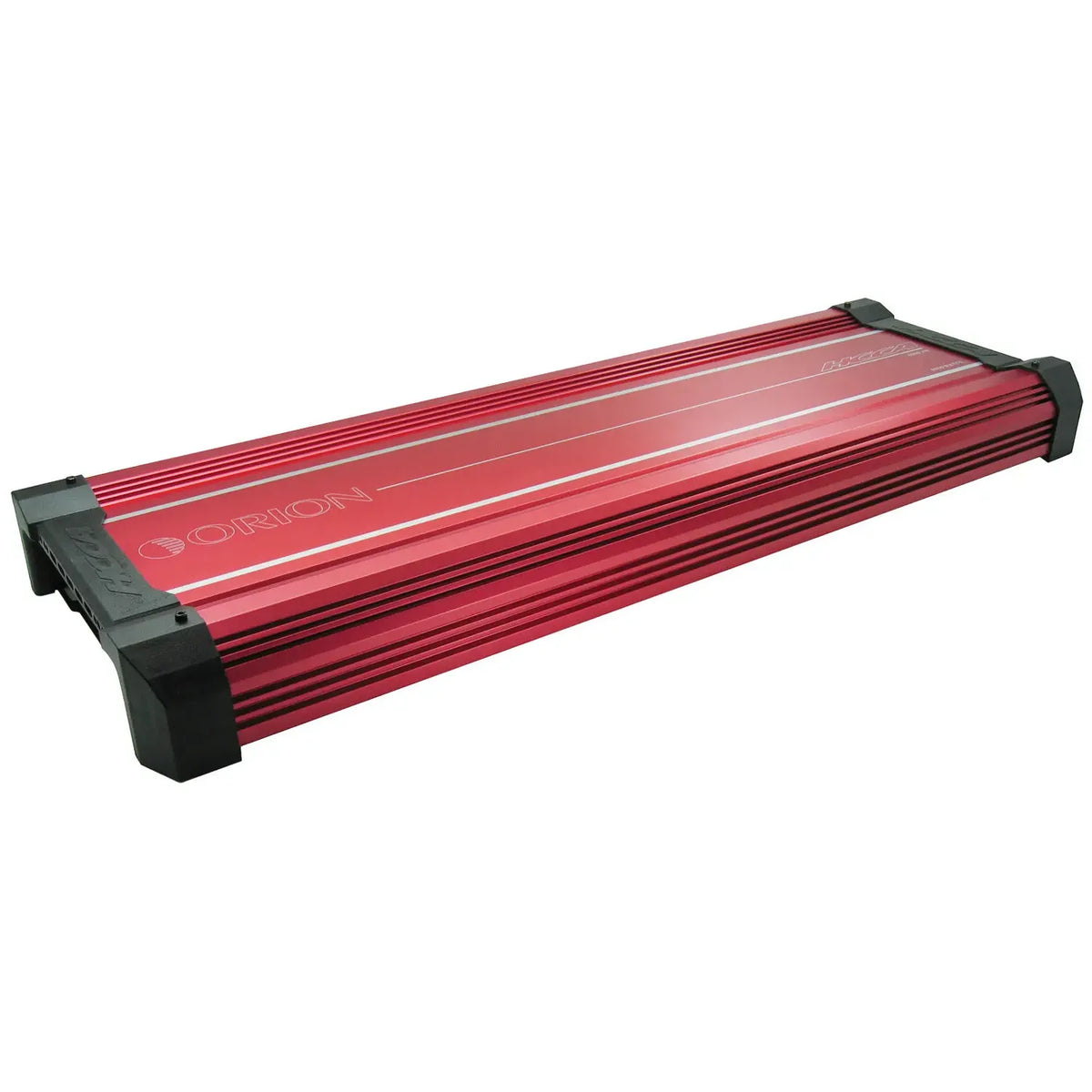 Red Class-H car amplifier with black end brackets and vented top fins