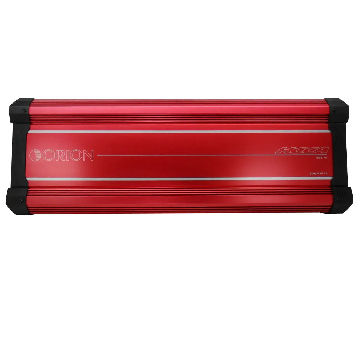 Red car amplifier with black end caps and stacked fin lines, front face visible