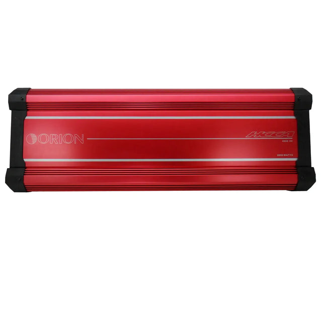 Red car amplifier with black end caps and stacked fin lines, front face visible