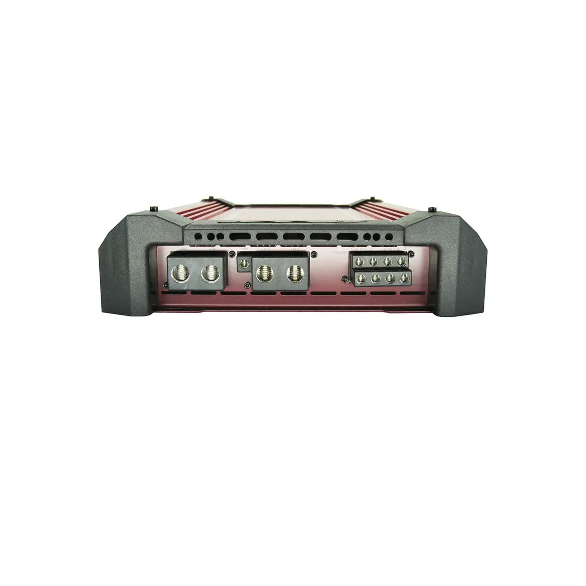 Car amplifier rear panel with screw terminals and multiple RCA-style ports on metal housing