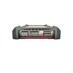 Car amplifier rear panel with screw terminals and multiple RCA-style ports on metal housing