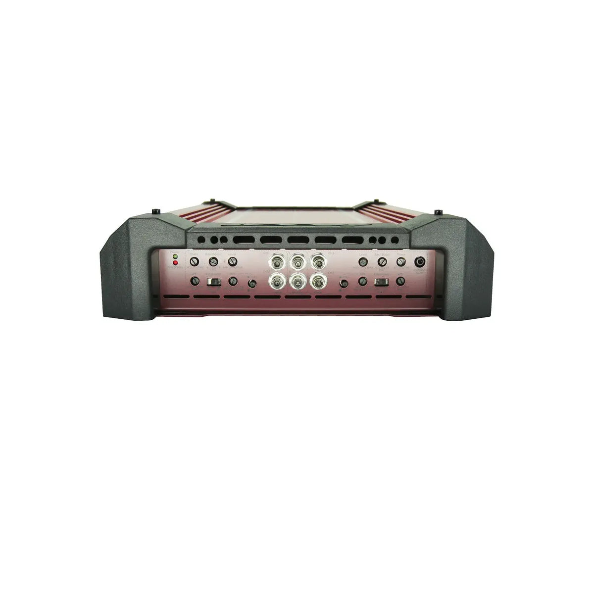 Car amplifier rear control panel with RCA ports, knobs, and screw terminals on metal housing