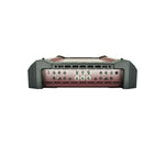 Car amplifier rear control panel with RCA ports, knobs, and screw terminals on metal housing