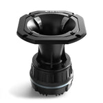 Aluminum horn speaker driver with black neodymium diaphragm, front view