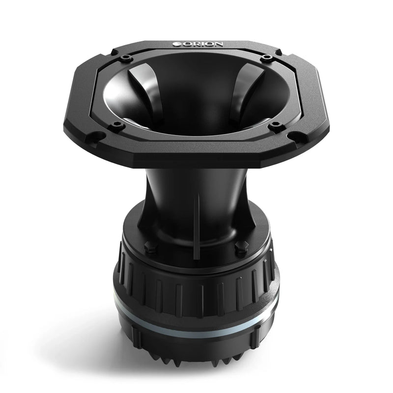 Aluminum horn speaker driver with black neodymium diaphragm, front view