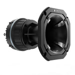 Aluminum horn speaker driver, black housing and silver cone, angled side view