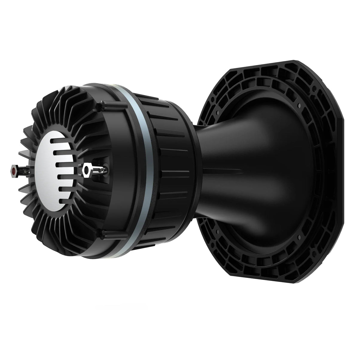 Aluminum horn speaker driver with rear vented heat-sink fins, angled side view