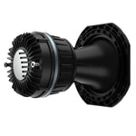 Aluminum horn speaker driver with rear vented heat-sink fins, angled side view