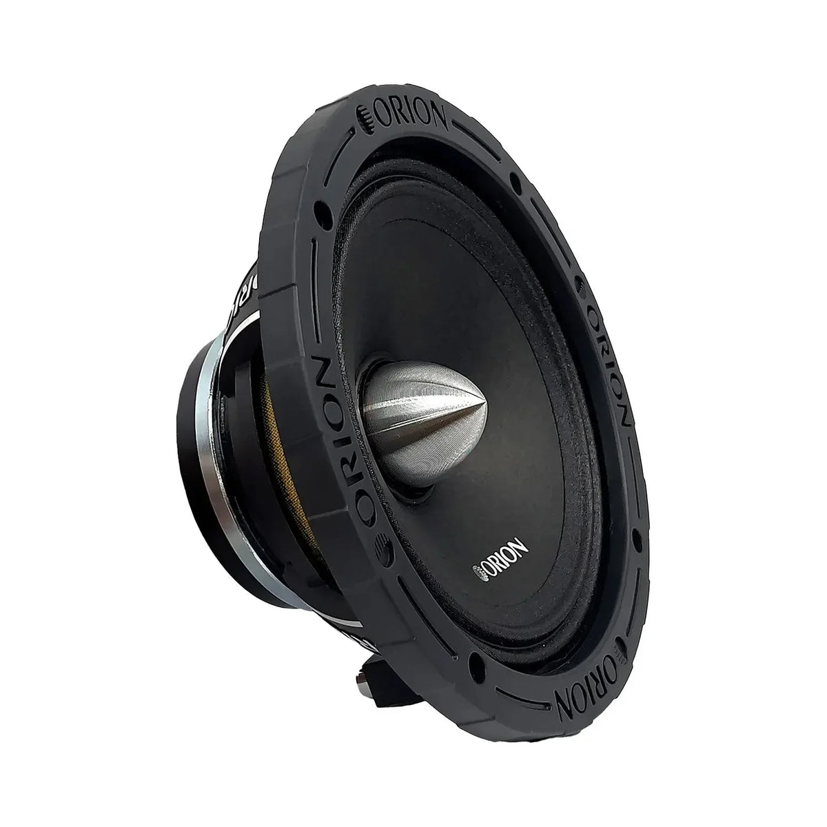 Orion 6.5 in neodymium midrange speaker, black, angled side view of cone
