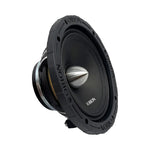 Orion 6.5 in neodymium midrange speaker, black, angled side view of cone