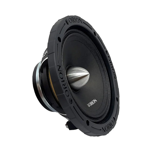 Orion 6.5 in neodymium midrange speaker, black, angled side view of cone