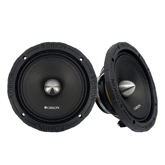 Black 6.5 in midrange speaker pair with silver cone and ORION logo