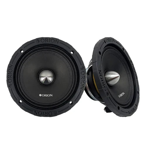 Pair of black round car audio speakers with mesh grills and Orion logos