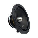 Black 6.5 in midrange speaker driver angled view, silver cone and ORION mark