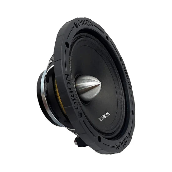 Black 6.5 in midrange speaker driver angled view, silver cone and ORION mark