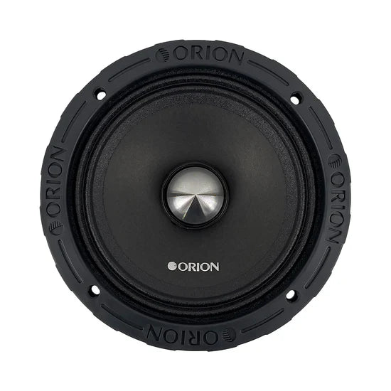 Black 6.5 in midrange speaker driver with circular grille and silver center