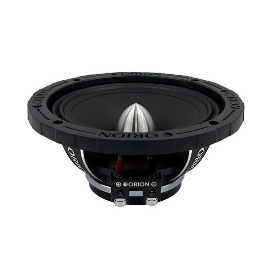 Black 6.5 in midrange speaker showing front and rear, with mounting terminals