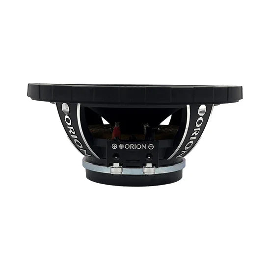 Black midrange speaker driver underside with terminal connections and silver posts