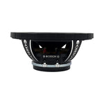 Black midrange speaker driver underside with terminal connections and silver posts