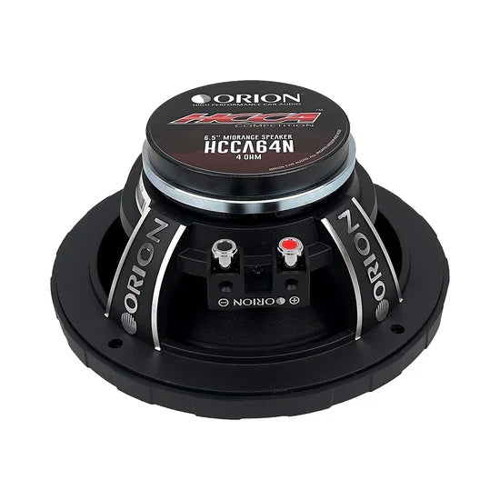 Black 6.5 in midrange speaker with HCCA64N label, 4 ohm terminals