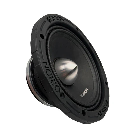 Black 6.5 in midrange speaker with silver center dome and mounting holes