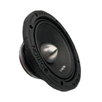 Black 6.5 in midrange speaker with silver center dome and mounting holes