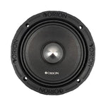 Black 6.5 in midrange speaker with silver center dome and textured cone surround