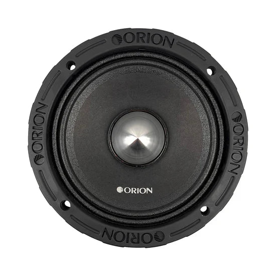 Black 6.5 in midrange speaker front view with silver center dome and Orion logo