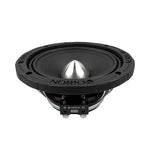 Black 6.5 in midrange speaker rear side with wire terminals and metal back plate