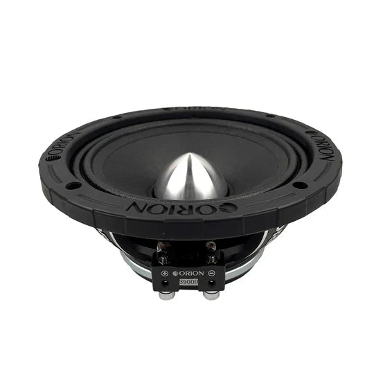 Black 6.5 in midrange speaker side view showing rear terminals and bracket