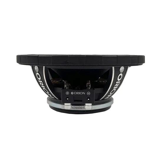 Black 6.5 in midrange speaker with exposed magnet and screw terminals