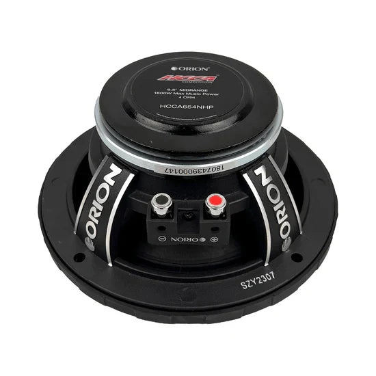 Black 6.5 in midrange speaker back with ORION terminals and model label