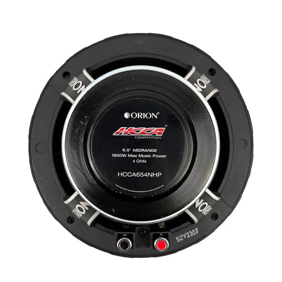 Black 6.5 in midrange speaker with HCCA654NHP label and dual red/black terminals