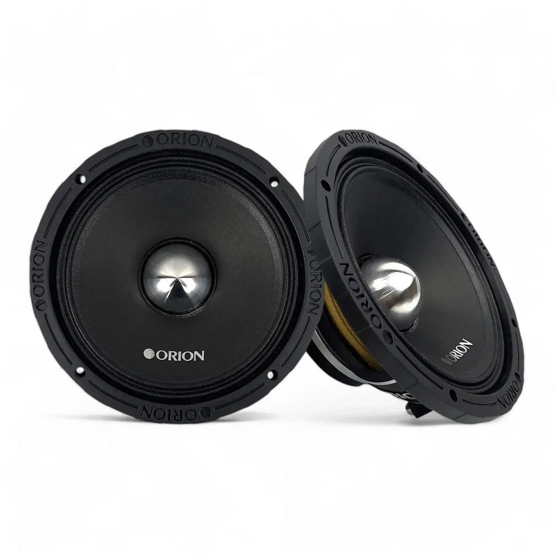 Orion 8-inch neodymium midrange speakers, black pair with silver cones