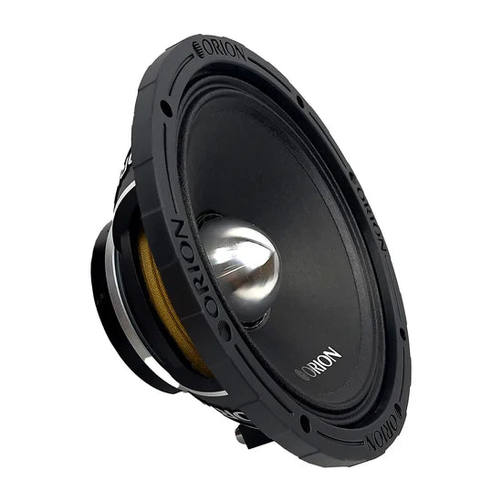 Black 8-inch midrange speaker angled view with silver dome center and ORION label