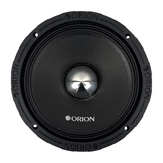 Black 8-inch midrange speaker front view with silver dome center and ORION branding