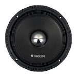 Black 8-inch midrange speaker front view with silver dome center and ORION branding